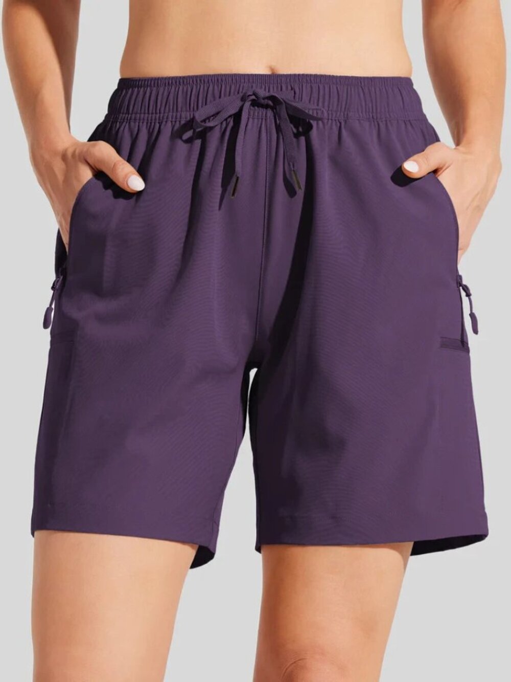 Willit Shorts Women L Purple Zip Pockets UPF 50+ Drawstring Elastic Waist 32.5x7